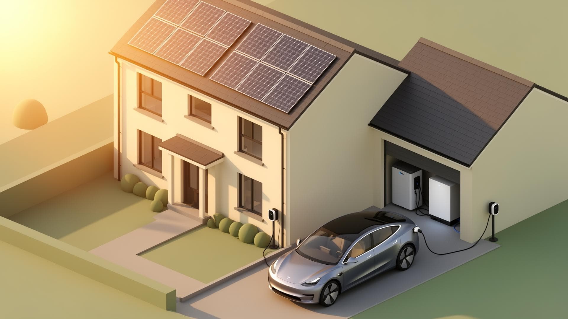 Home with solar panels, EV charger and battery storage